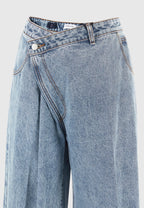 Astrid - Wrapover Denim Wide Leg Jeans - Mid Blue
