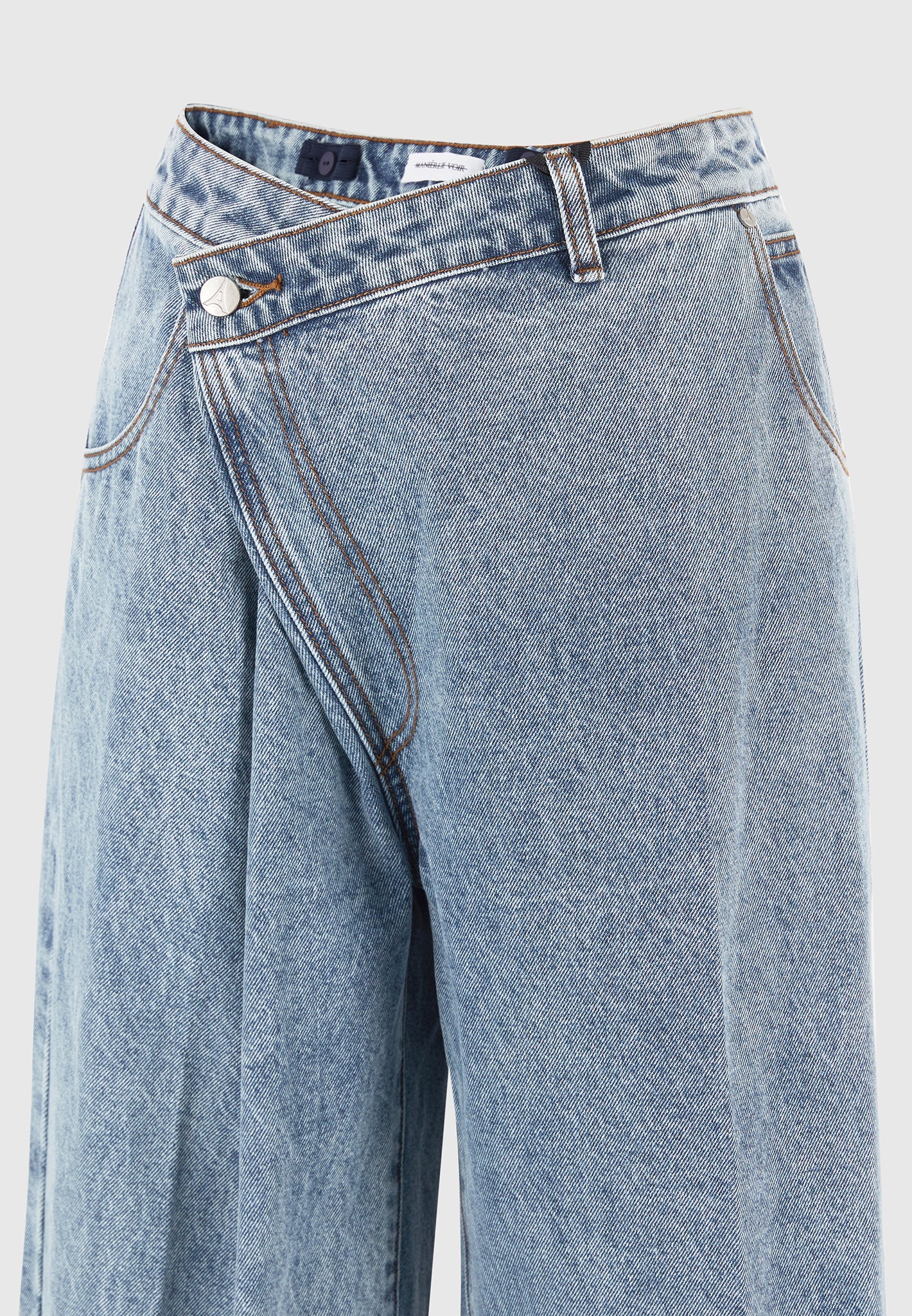 Astrid - Wrapover Denim Wide Leg Jeans - Mid Blue