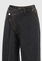 Astrid - Wrapover Denim Wide Leg Jeans - Washed Black
