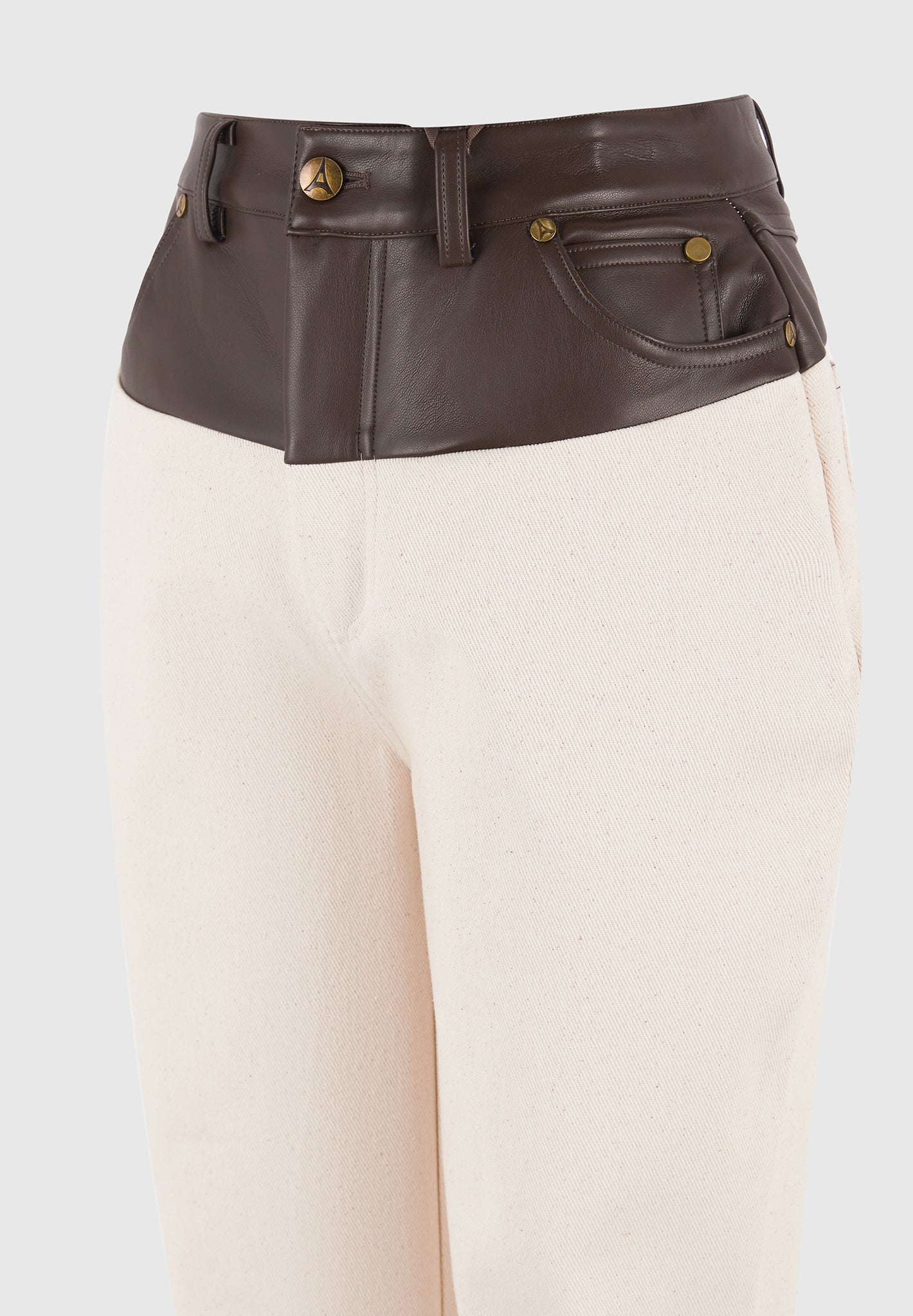 Renee - Leather & Denim Straight Leg Jeans - Cream/Brown