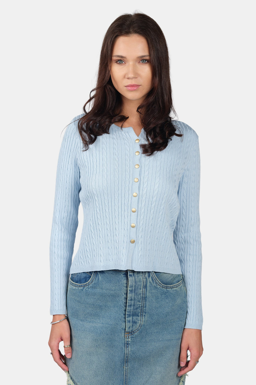Elda|Viscose Cable Knit Button Down Cardigan