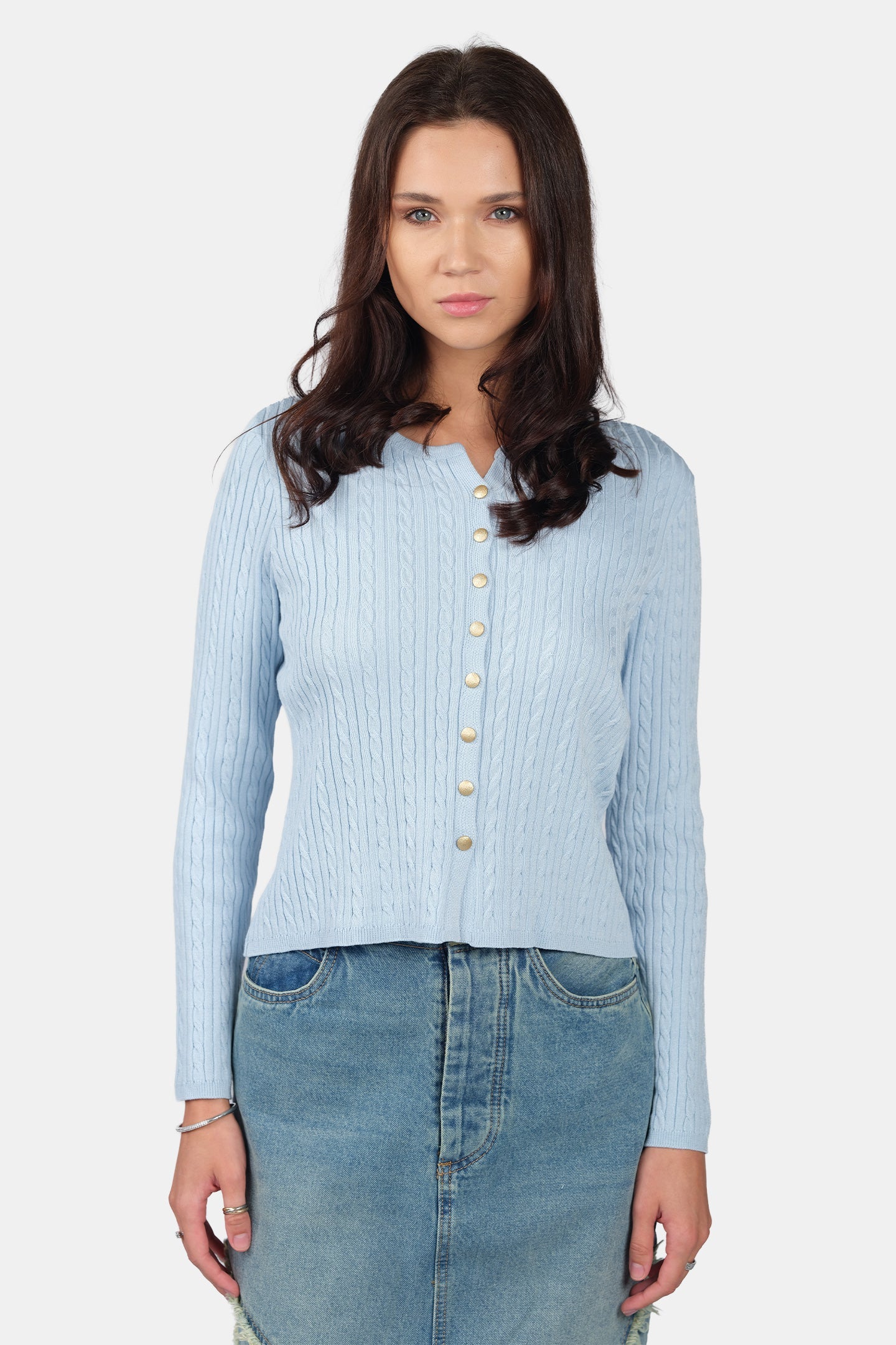Elda|Viscose Cable Knit Button Down Cardigan