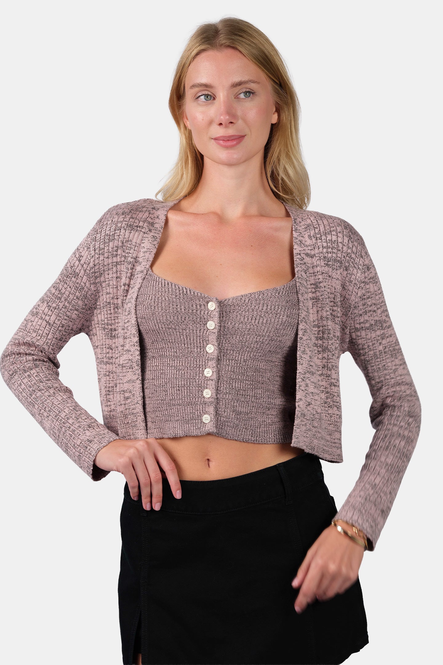 Vina|Viscose Melange Crop Length Knit Cardigan