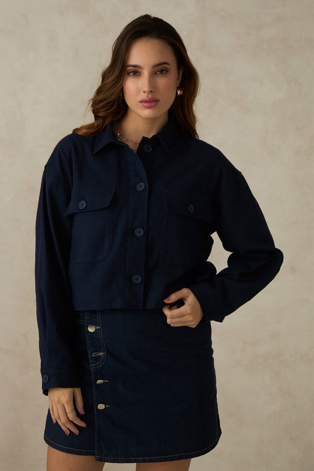 Romien|100% Cotton Front Open Crop Jacket