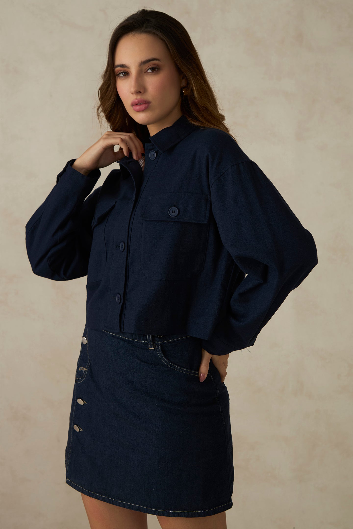 Romien|100% Cotton Front Open Crop Jacket