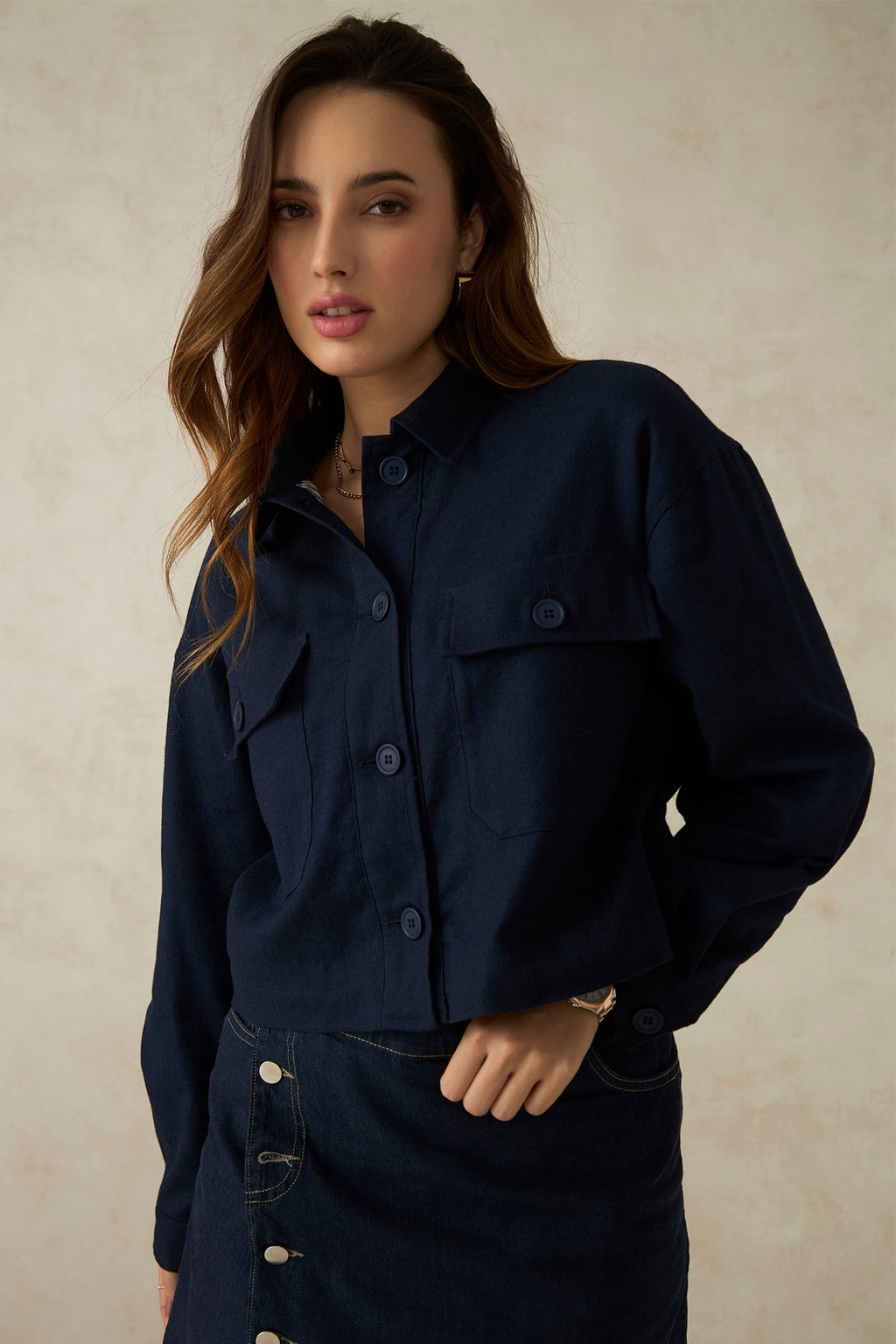 Romien|100% Cotton Front Open Crop Jacket