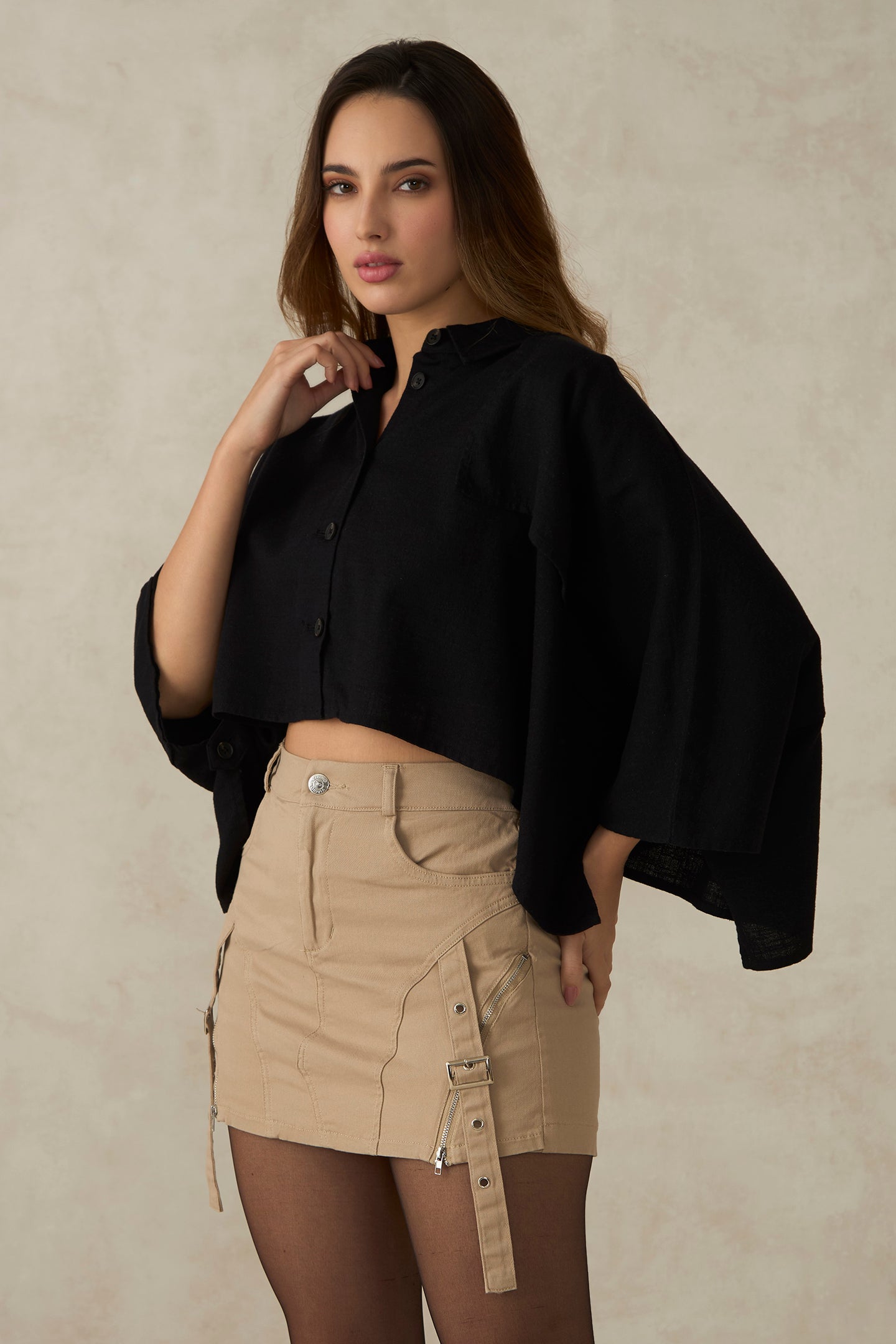 Lolha|100% Cotton Crop Trench Coat Cape