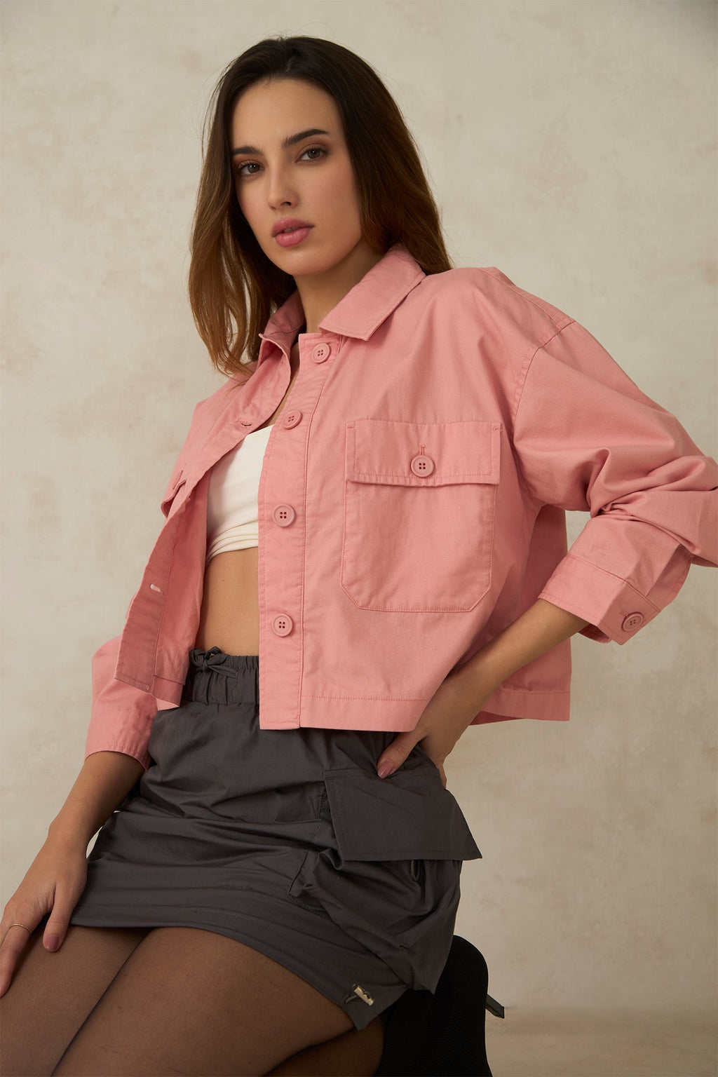 Lisa|100% Cotton Front Open Crop Jacket