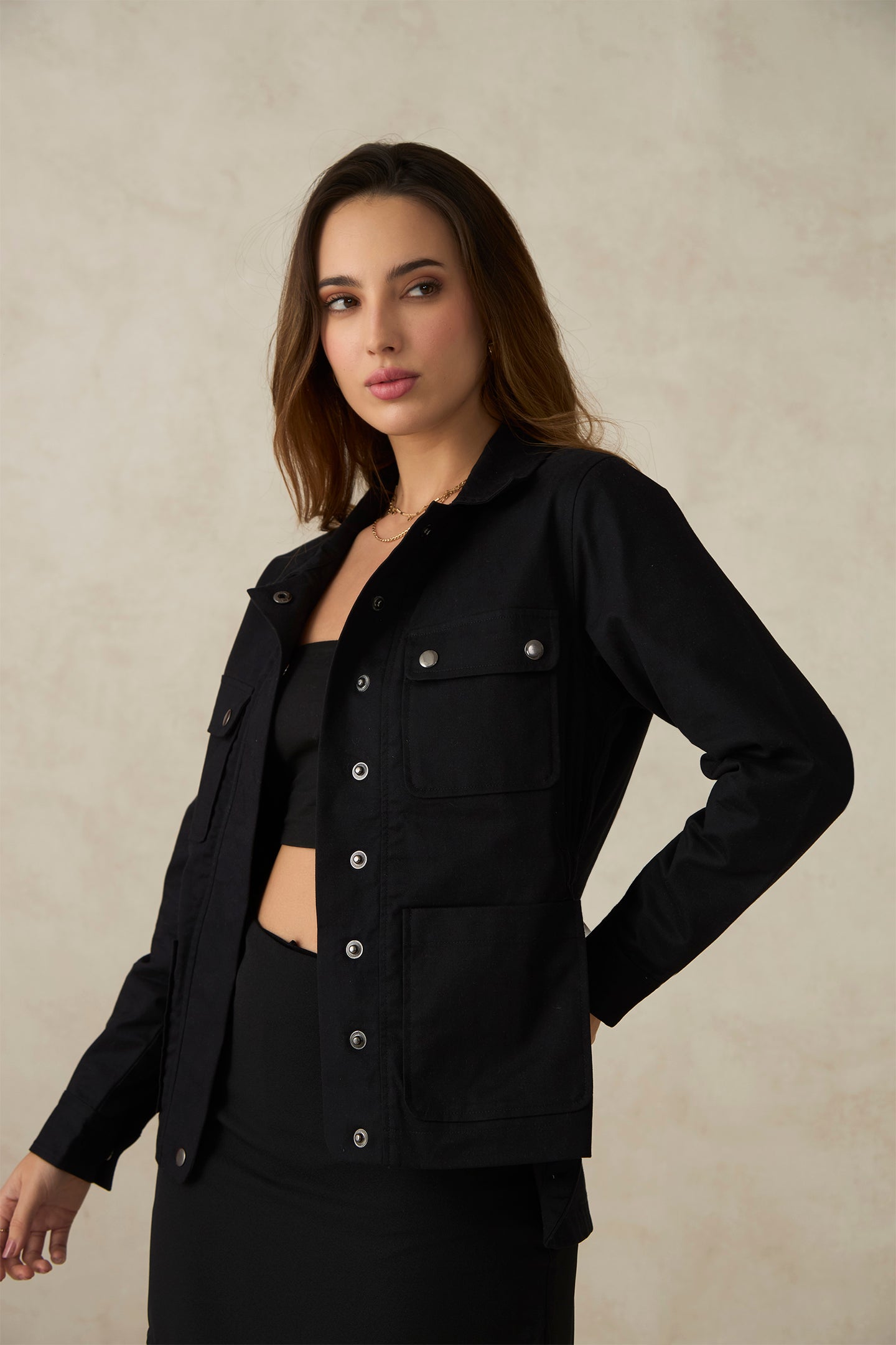 Aiyla|Cotton Stretch Utilitarian Shacket