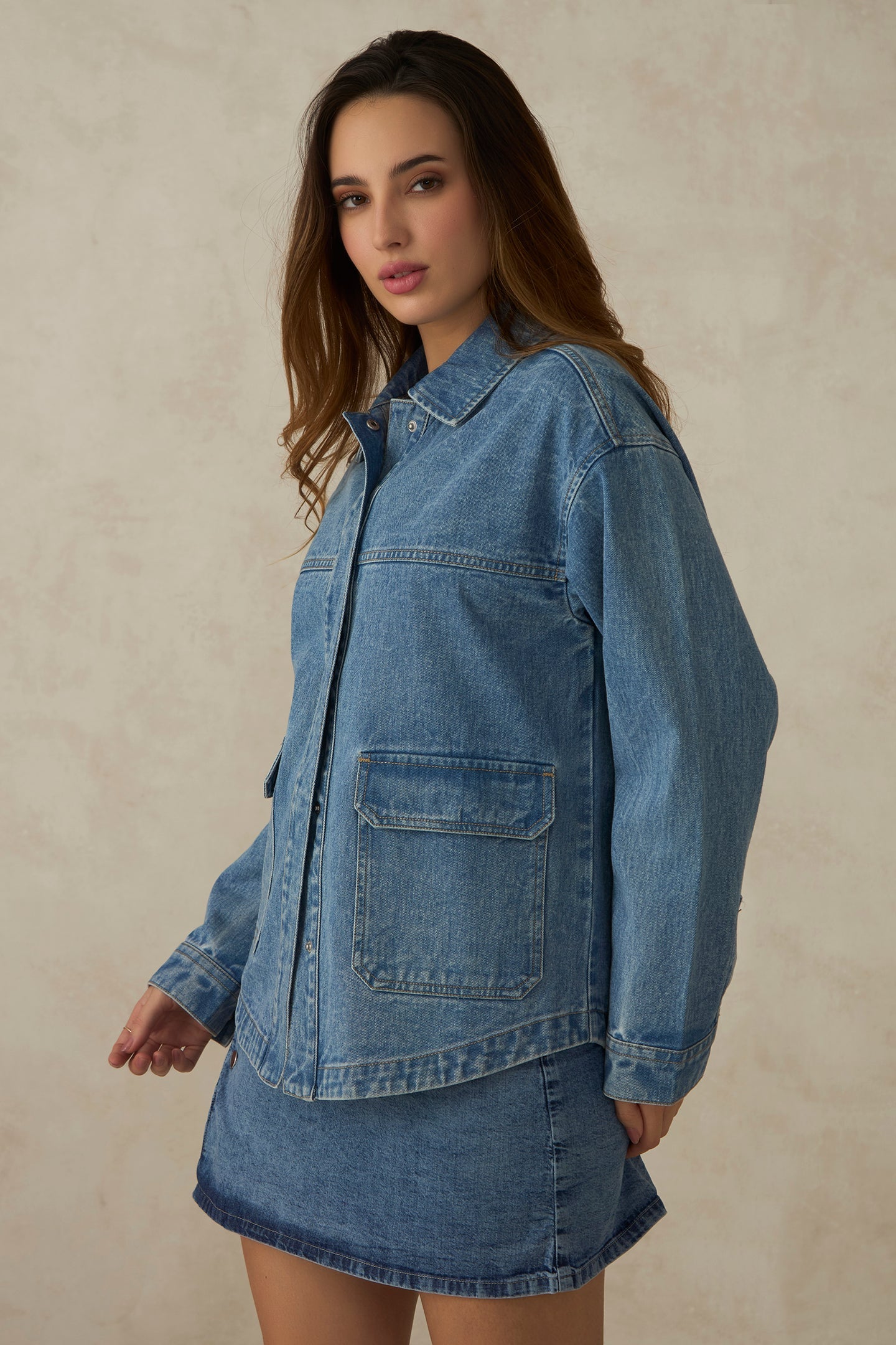 Heather|100% Cotton Drop Shoulder Trucker Jacket