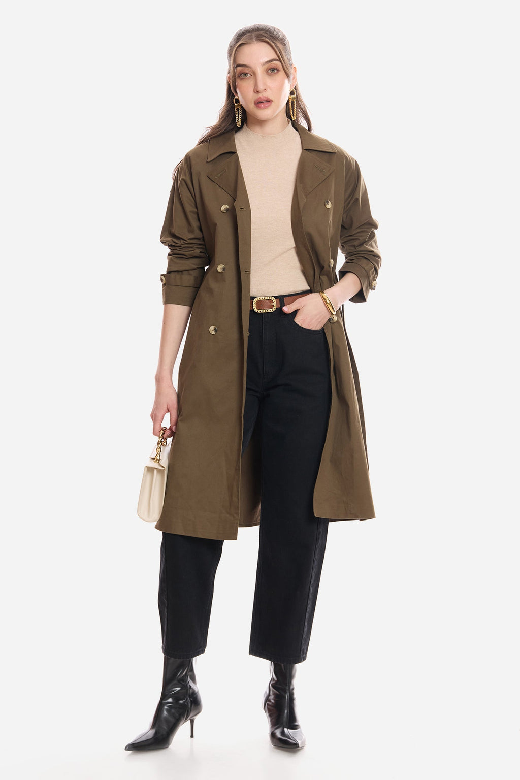 Bethi|100% Cotton Belted Long Trench Coat
