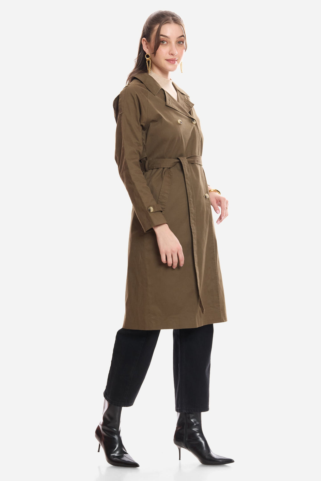 Bethi|100% Cotton Belted Long Trench Coat