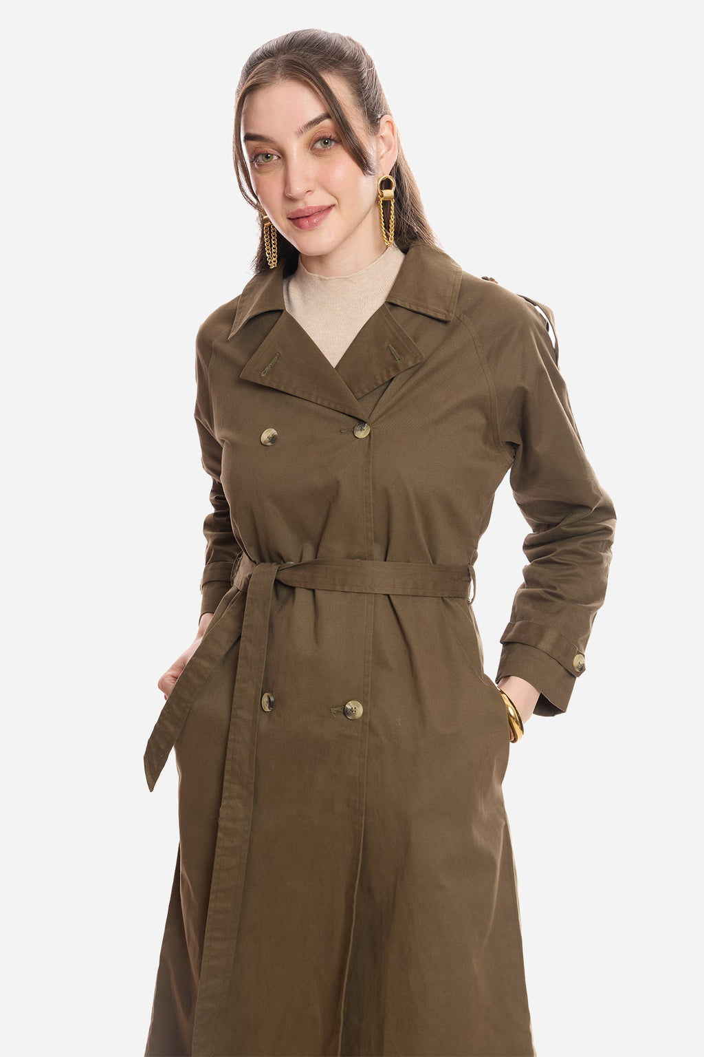 Bethi|100% Cotton Belted Long Trench Coat