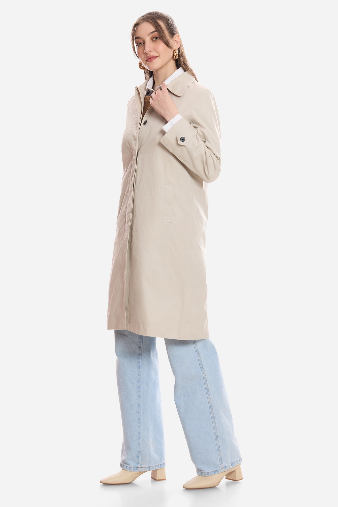 Jean|100% Cotton Shirt Collared Trench Coat