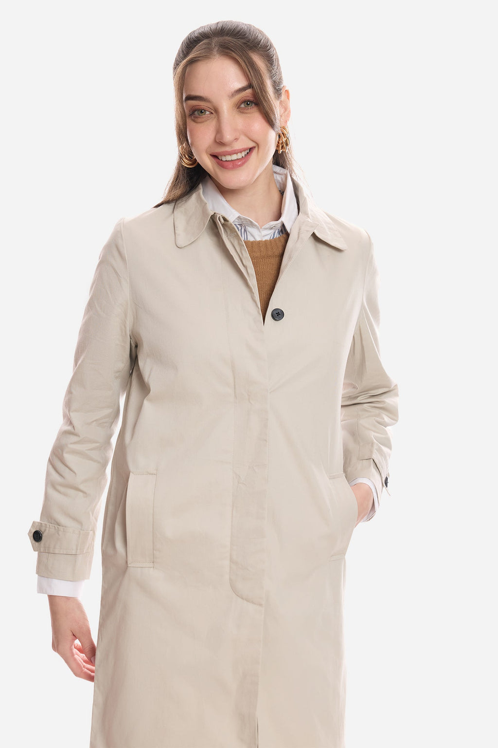 Jean|100% Cotton Shirt Collared Trench Coat