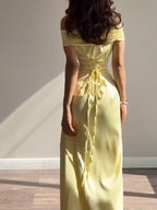 Yellow strapless waist evening dress