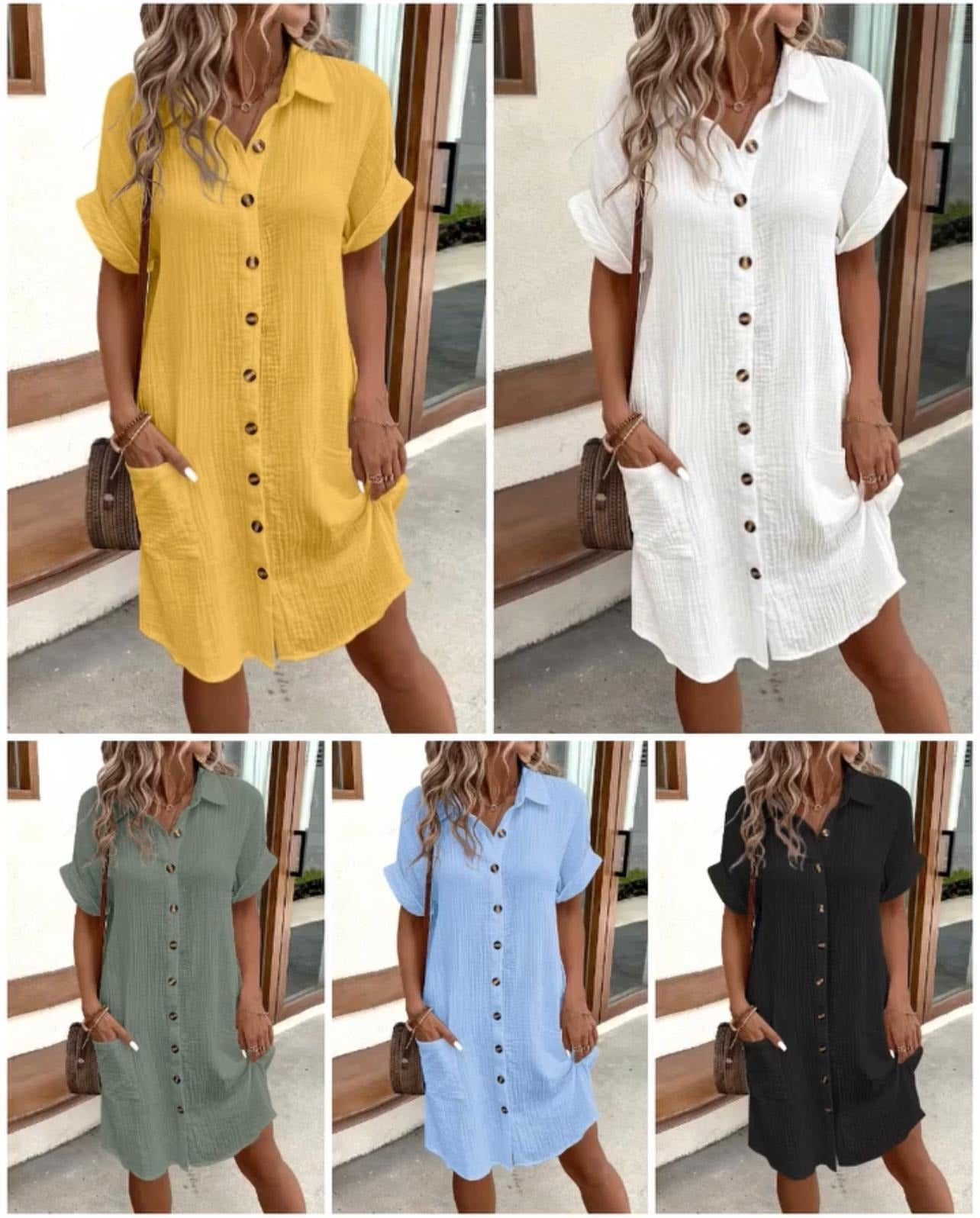 Women's Buttoned Short Sleeve Pocket Casual Shirt Dress