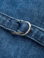 Metal Button Tie-Back Denim V-Neck Shorts Set