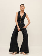 Denim Collared Vest With Floral Button Detail