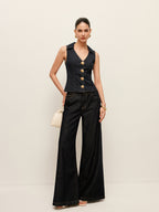 Denim Collared Vest With Floral Button Detail