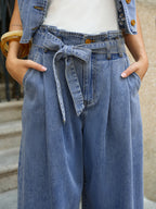 Denim Embroidery Tie-Waist Pants