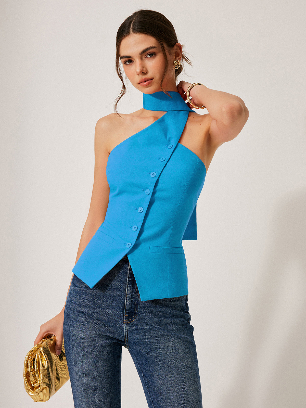 Cotton & Linen Halter Top With Decor Pockets