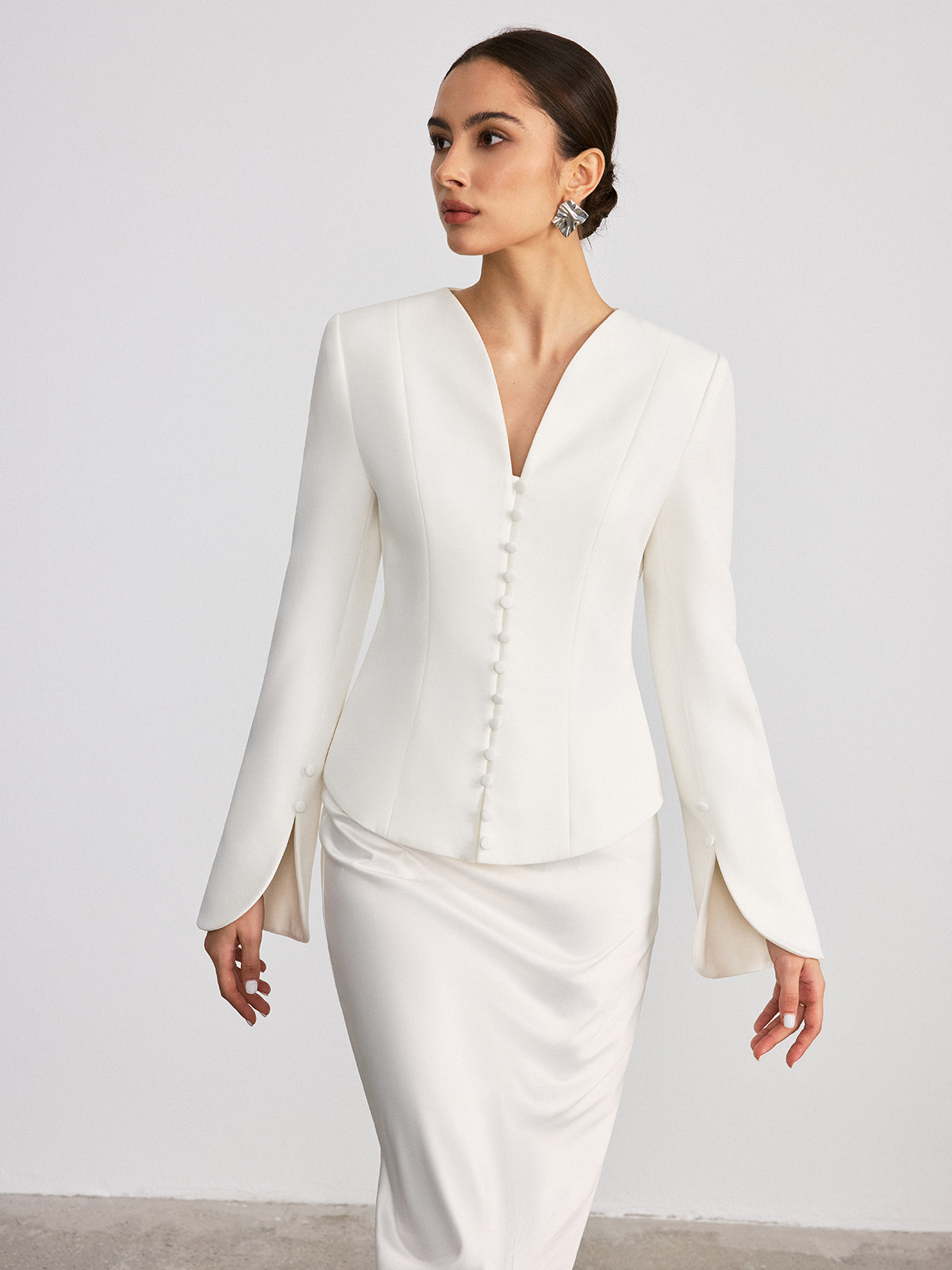 Button Front Flared Cuff Fitted Blazer