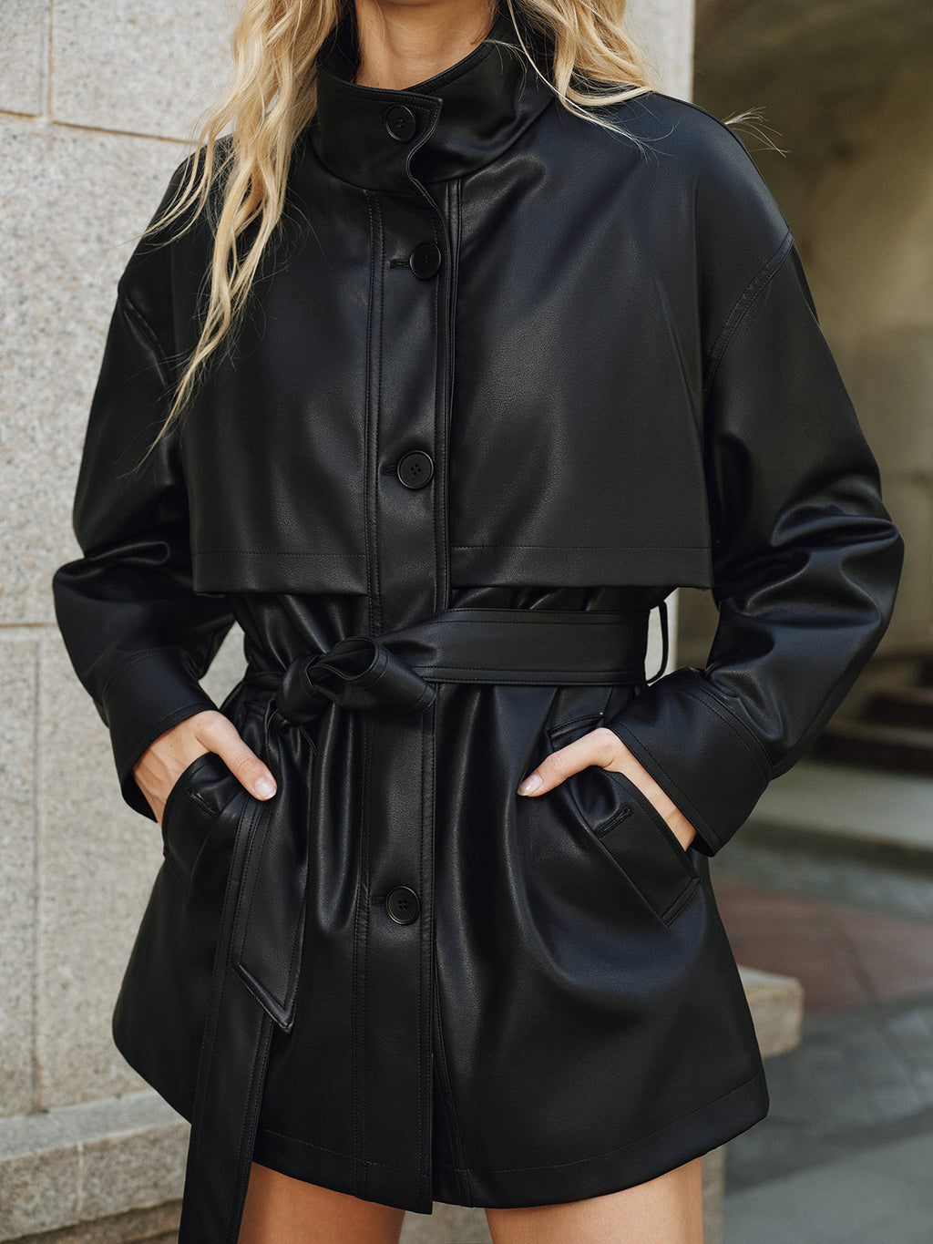 Stand Collar Belted PU Leather Quilted Jacket