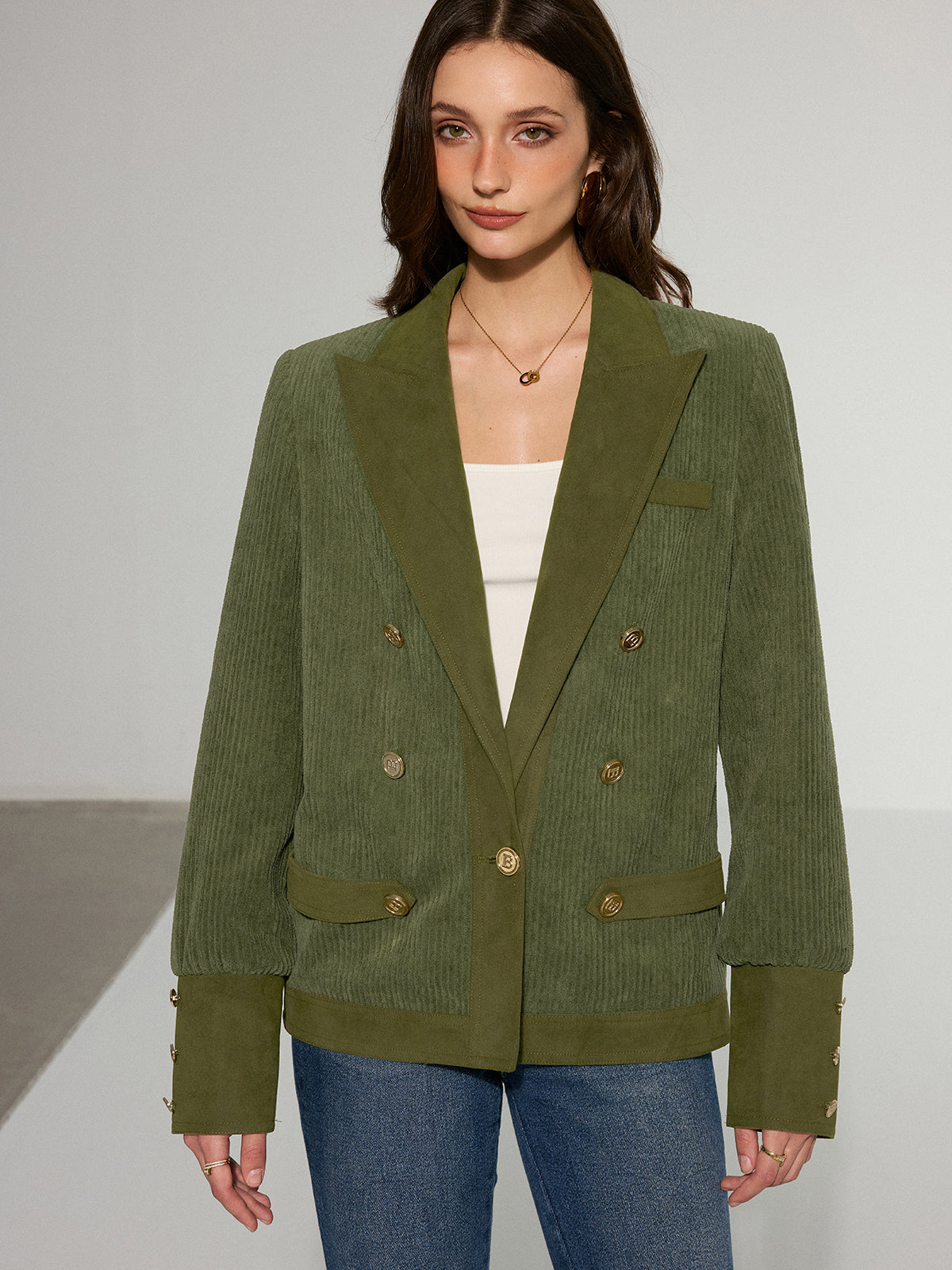 Corduroy Lapel Metal Button Blazer