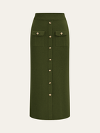 Metal Button Collared Cardigan and Midi Skirt Set