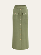 Metal Button Collared Cardigan and Midi Skirt Set