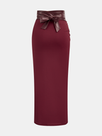 Faux Leather Panel Ruched Midi Skirt