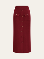 Metal Button Collared Cardigan and Midi Skirt Set