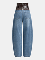 Faux Leather Waistband Denim Curved-Leg Pants