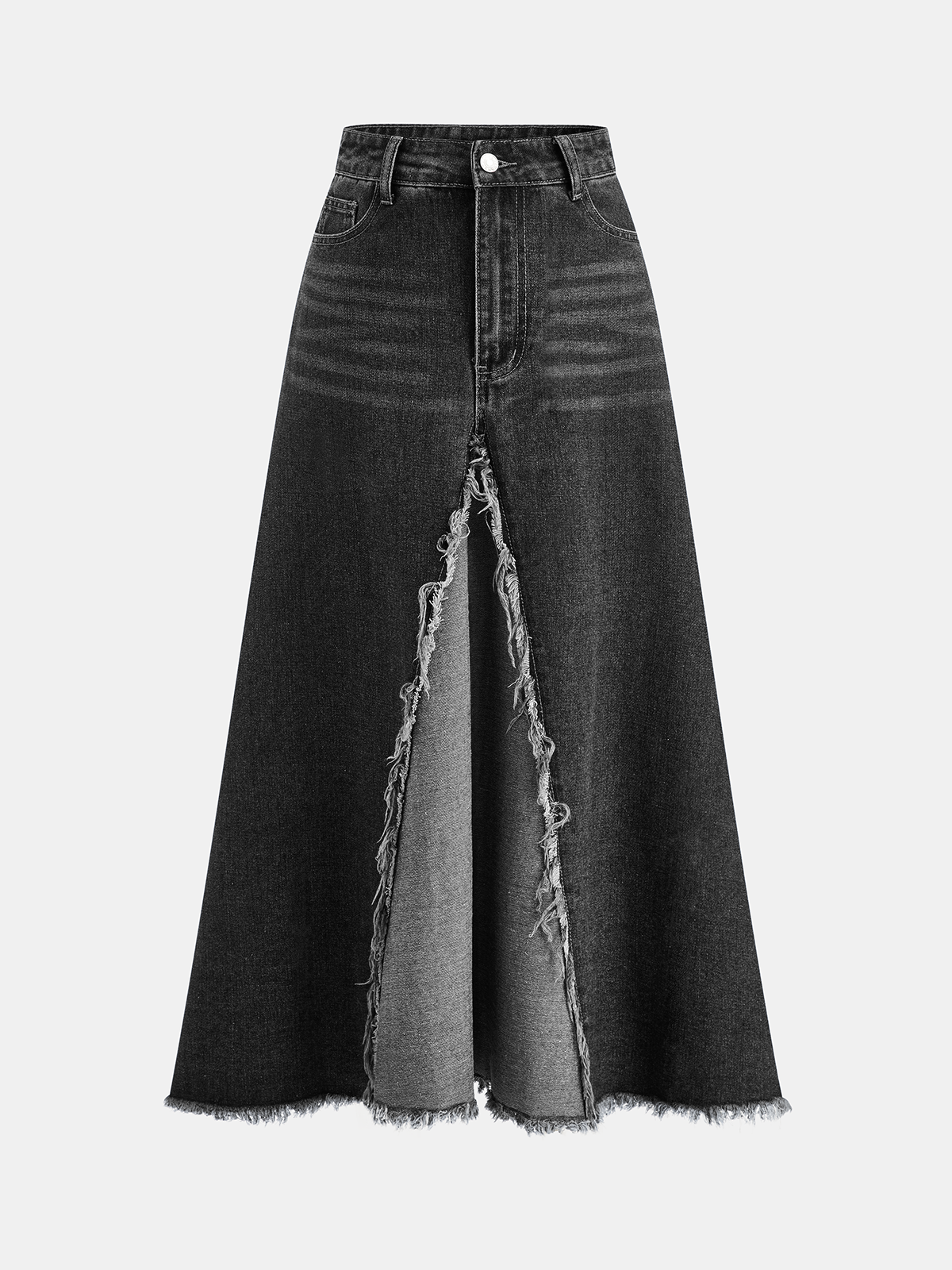 Frayed Hem Denim Midi Skirt