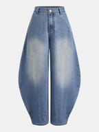 Buttoned Cuff Denim Mid-Waist Balloon Pants