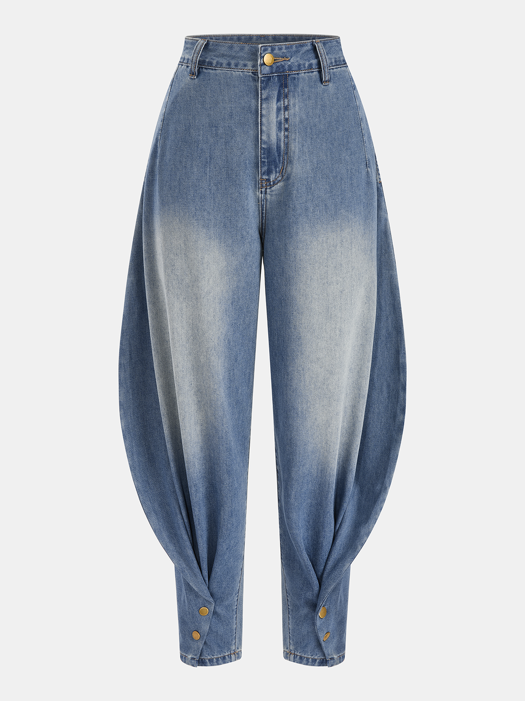 Buttoned Cuff Denim Mid-Waist Balloon Pants