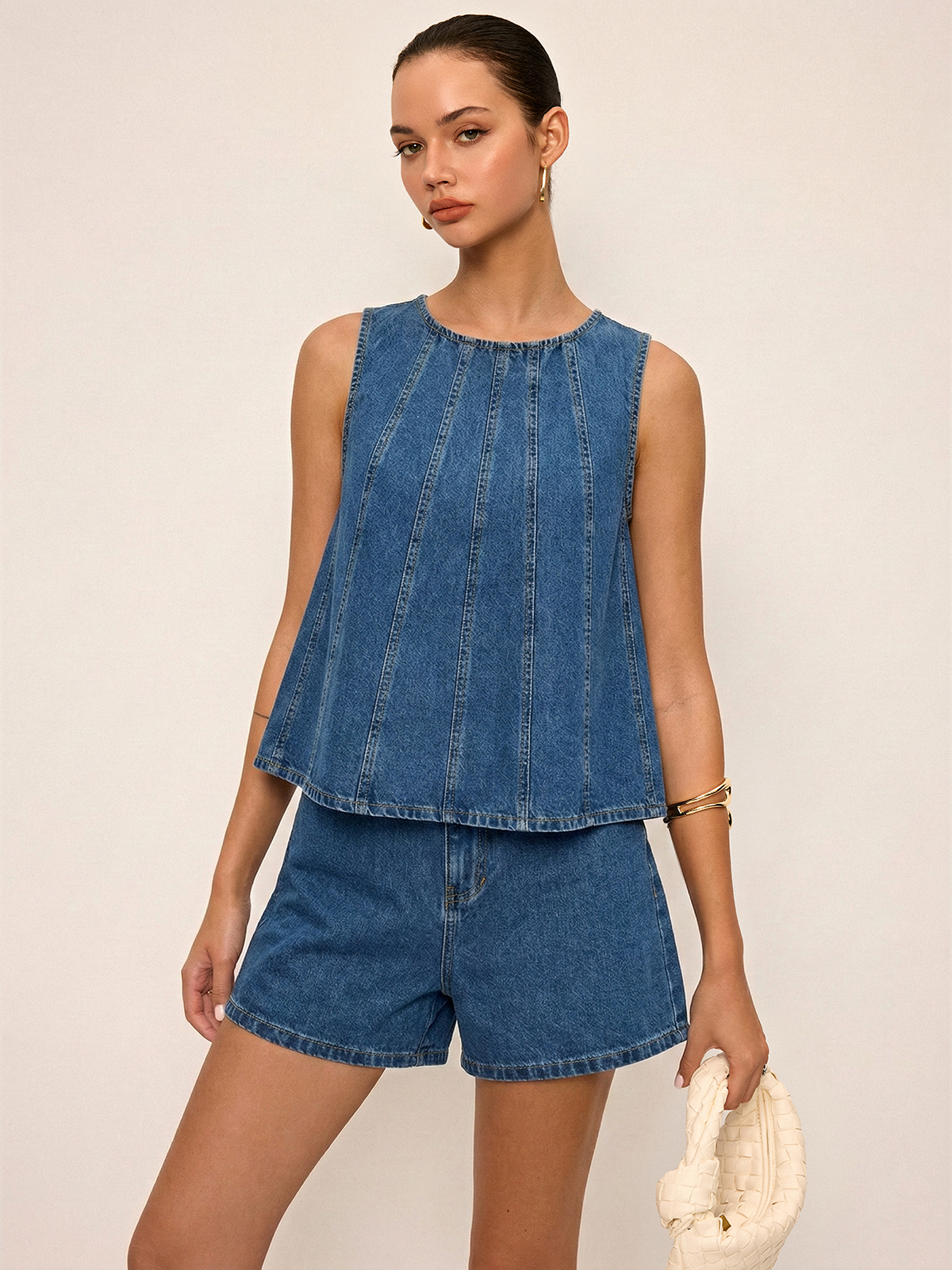 Tie-Back Denim Sleeveless Top & Shorts Set