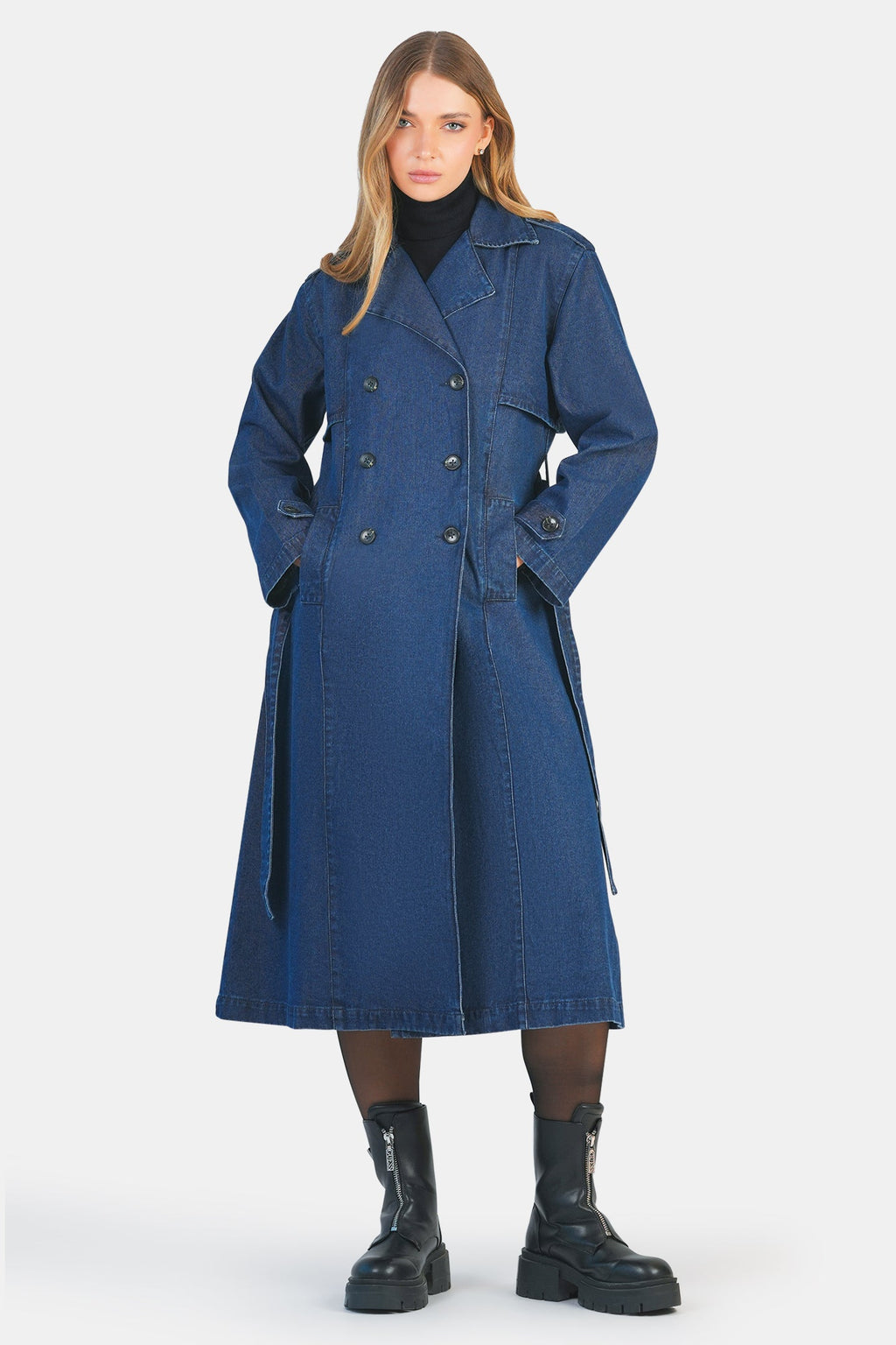 Lorna|100% Cotton Belted Denim Trench Coat