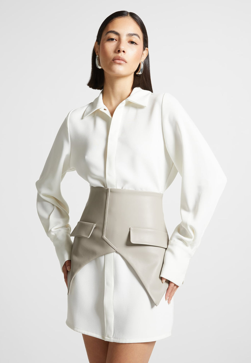 Corset Shirt Dress - White/Beige