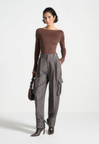 Eva - Boat Neck Bodysuit - Brown