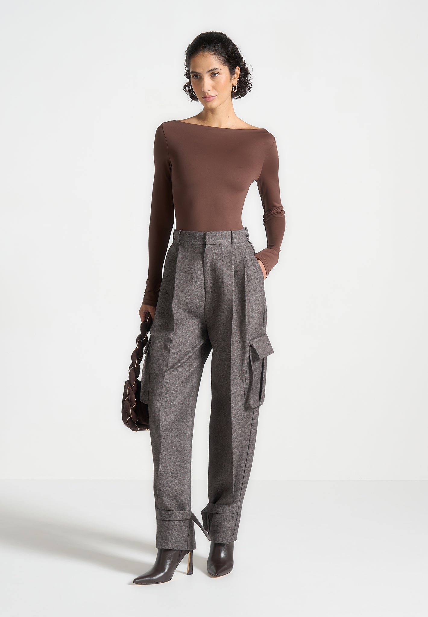 Eva - Boat Neck Bodysuit - Brown