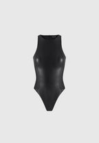 Josie - Leather Racer Neck Bodysuit - Black