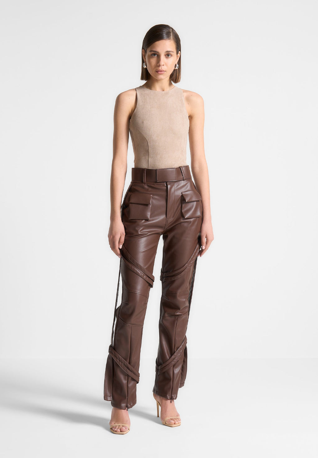 Adele - Suede Racer Neck Bodysuit - Taupe