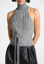 Mirim - Halter Cable Knit Wool Top with Tie - Grey