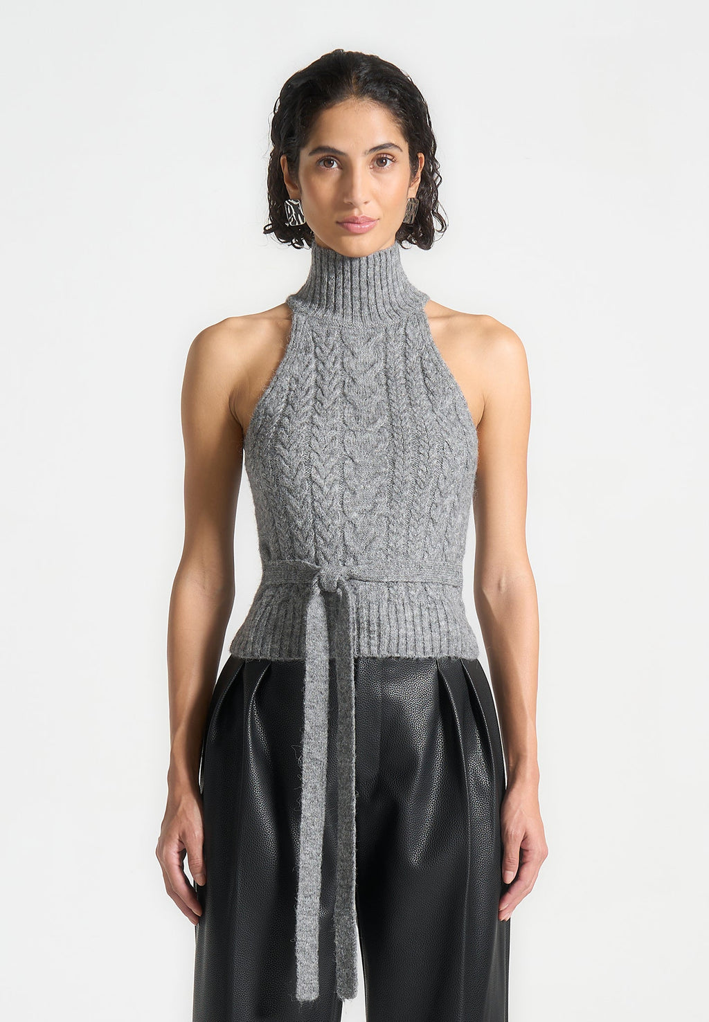 Mirim - Halter Cable Knit Wool Top with Tie - Grey