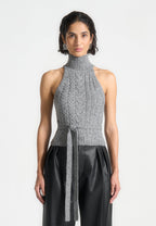 Mirim - Halter Cable Knit Wool Top with Tie - Grey