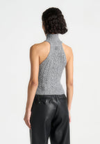 Mirim - Halter Cable Knit Wool Top with Tie - Grey