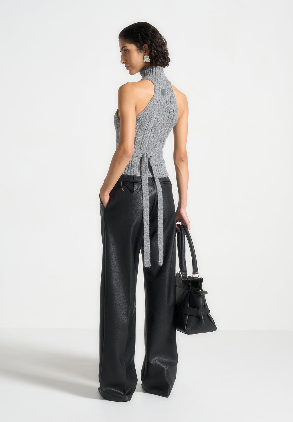 Mirim - Halter Cable Knit Wool Top with Tie - Grey