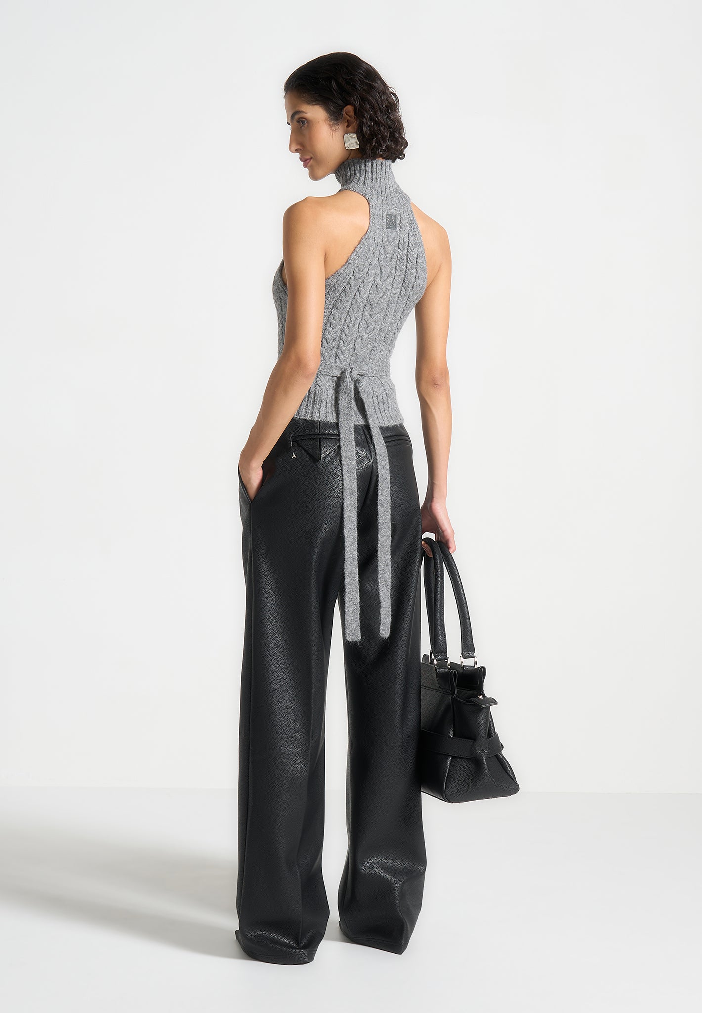 Mirim - Halter Cable Knit Wool Top with Tie - Grey